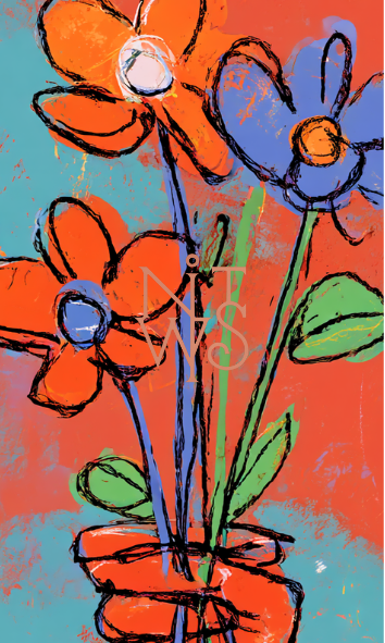 "FLORA FUTURA: Eine Symphonie in Orange & Blau" – Digitaler Kunstdruck