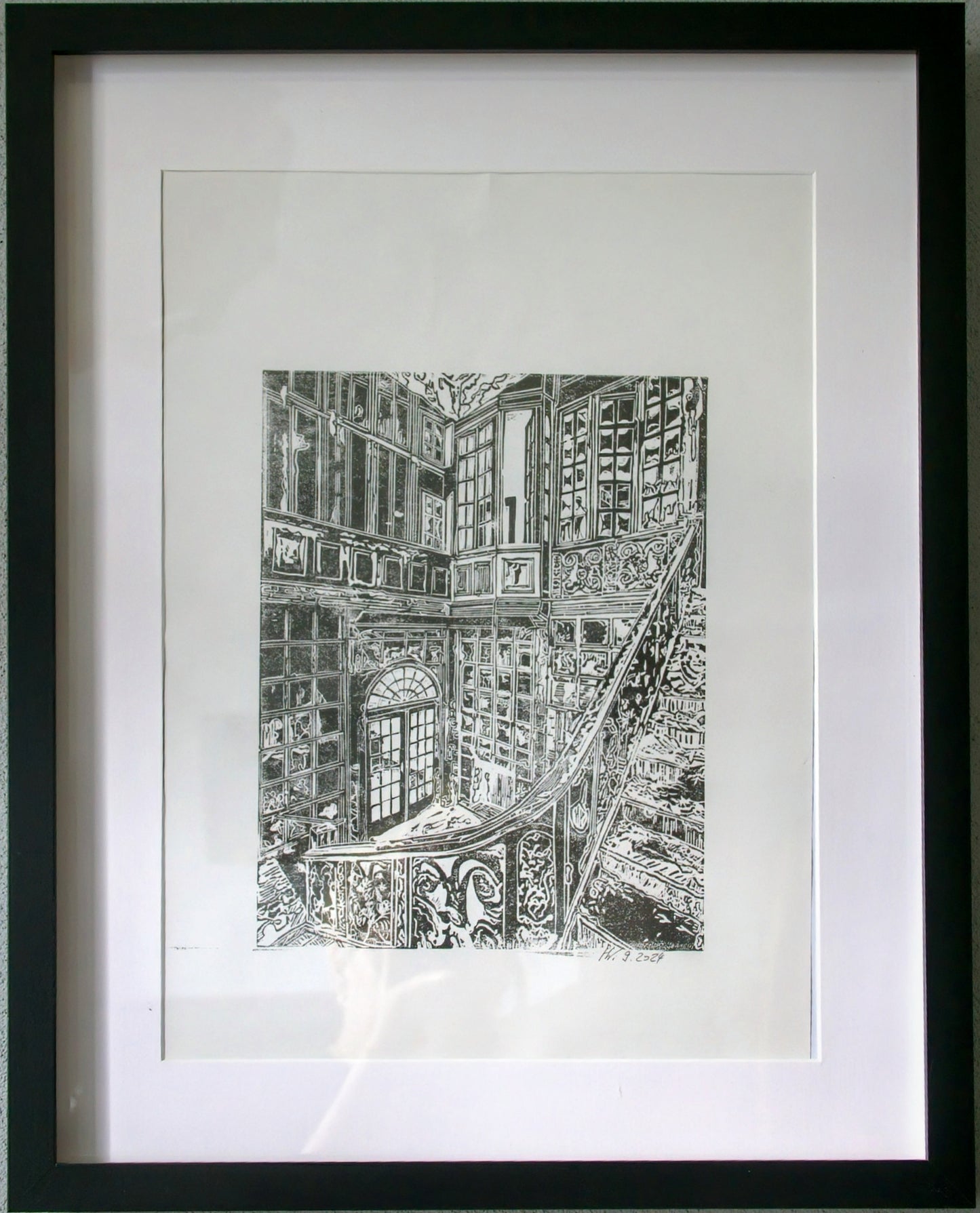 „Lost Place – Linol Druck eines historischen Interieurs“ – Exklusives Kunstwerk im Rahmen