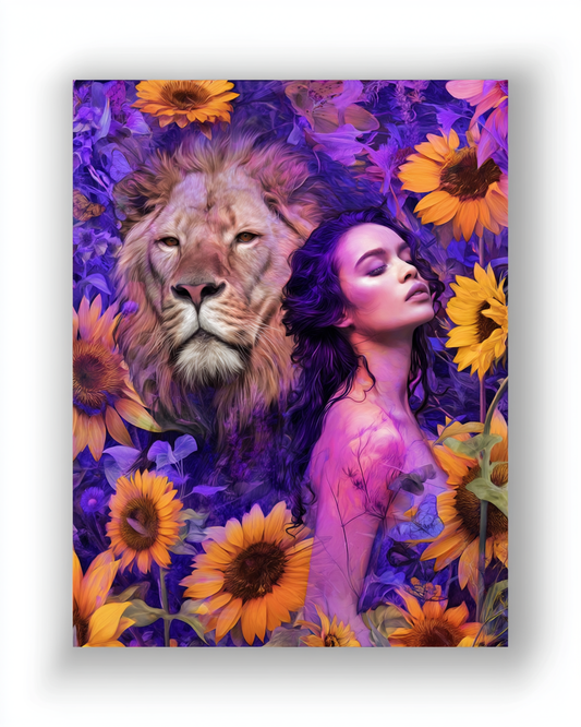 Golden Silence – Frau & Löwe in Sonnenblumen | Violett Fine Art Poster A2 Download