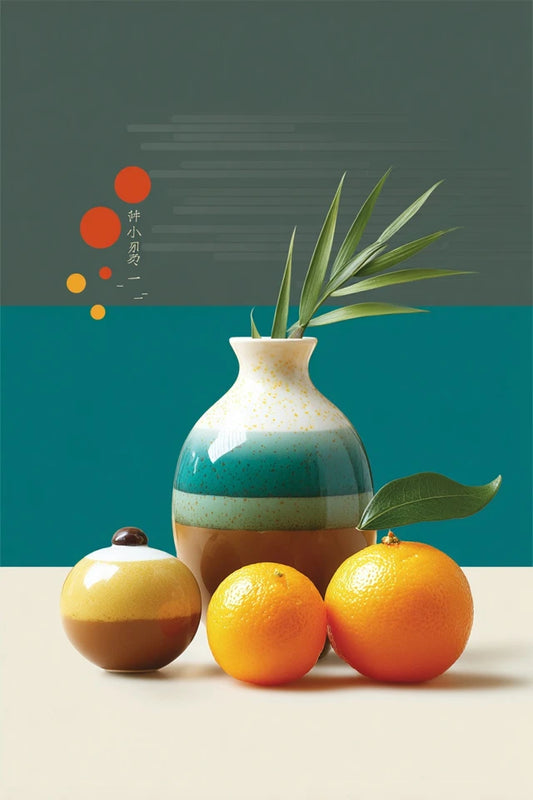 Stillleben mit Orangen und Vase im Minimalismus-Stil