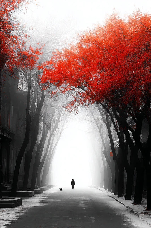 RED SILENCE – Printable Wall Art A2 RED SILENCE ist keine laute Wandkunst. Diese Serie arbeitet mit Stille, Nebel, Schwarz-Weiß-Kontrast und einem einzigen roten Impuls. Für Räume, die nicht dekoriert wirken sollen — sondern entschieden.