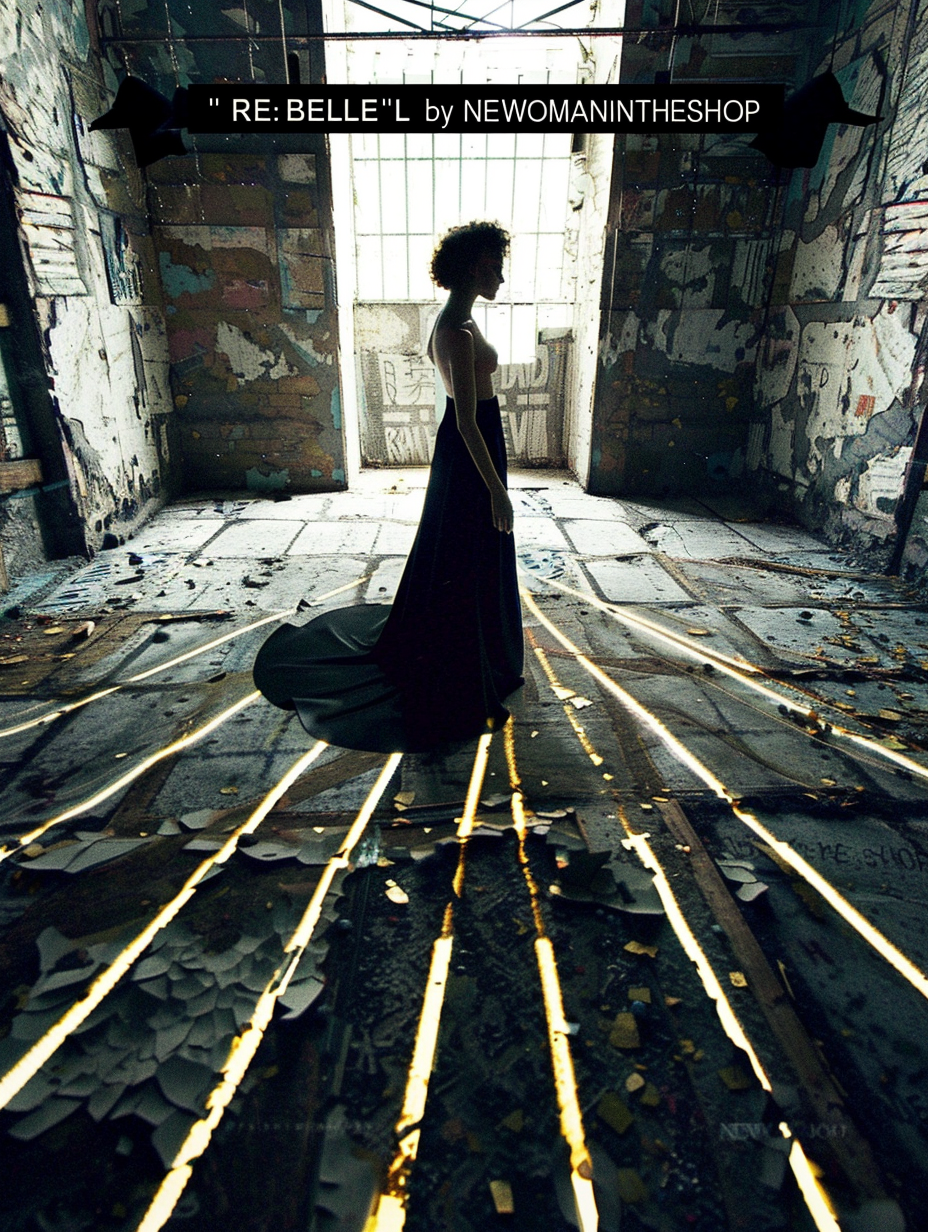 „Surreales, künstlerisches Schwarz-Weiß-Bild einer rebellischen Frau, deren Silhouette sich in neon-magenta Rauch, Papier-Vögel und goldene Lichtsplitter auflöst. Betonwände im Hintergrund mit leuchtenden Rissen 