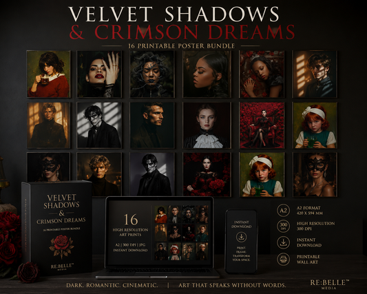 Velvet Shadows & Crimson Dreams Sechzehn Porträts zwischen Samt, Schatten und roter Intensität. Eine Kollektion für Räume, die nicht gefallen wollen – sondern wirken, für Menschen mit Sinn für Tiefe, Kontrast und stille Dramatik.