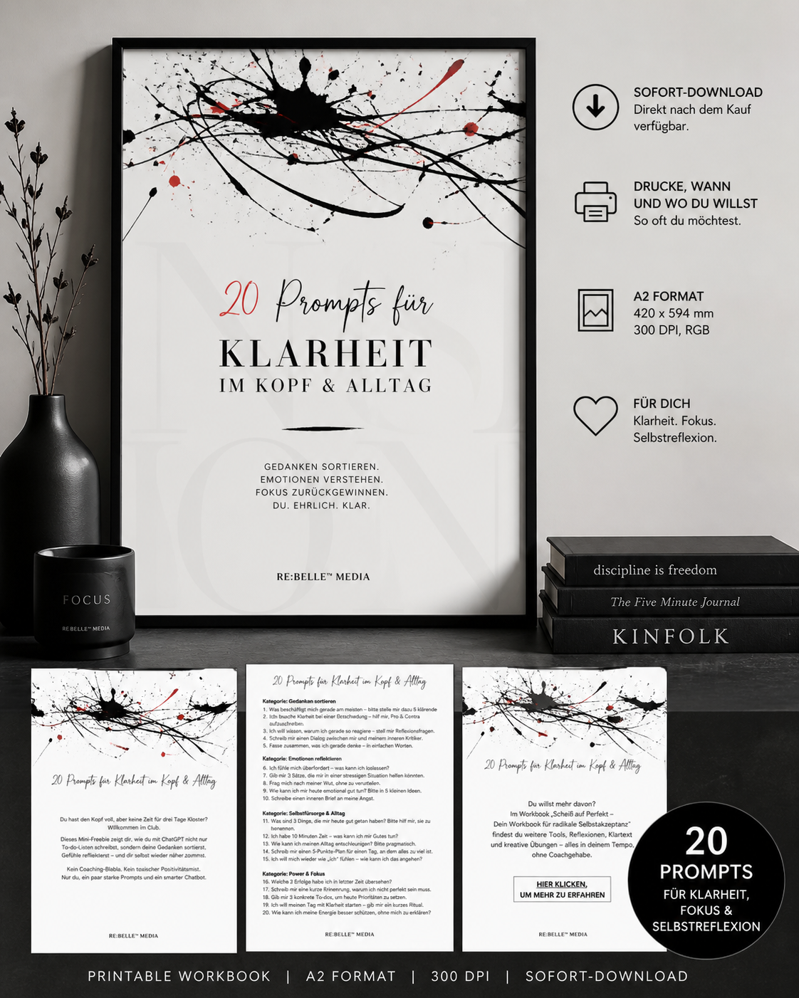 Klarheit im Kopf – 20 radikale Prompts für Fokus & Selbstreflexion | Digital Poster / Workbook Du hast keinen Mangel an Gedanken. Du hast zu viele gleichzeitig.  Dieses printable Workbook reduziert alles auf das, was bleibt, wenn du ehrlich wirst.