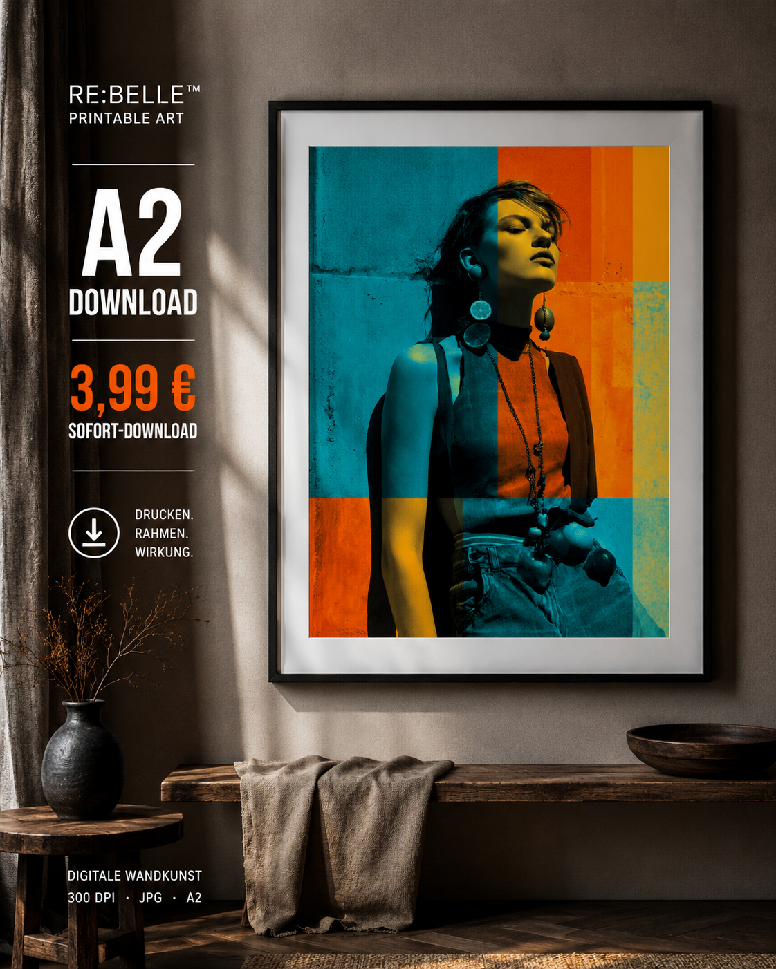 Feminine Portrait Poster A2 | RE:BELLE Printable Art Color Split Rebellion ist digitale Wandkunst für Räume, die Energie vertragen.