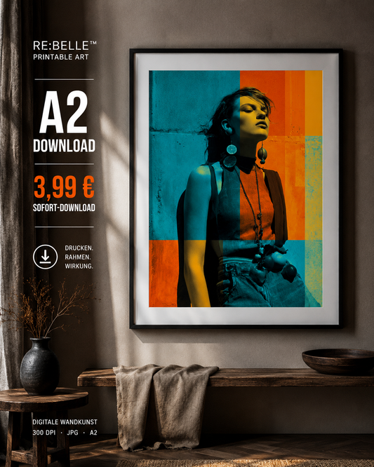 Feminine Portrait Poster A2 | RE:BELLE Printable Art Color Split Rebellion ist digitale Wandkunst für Räume, die Energie vertragen.