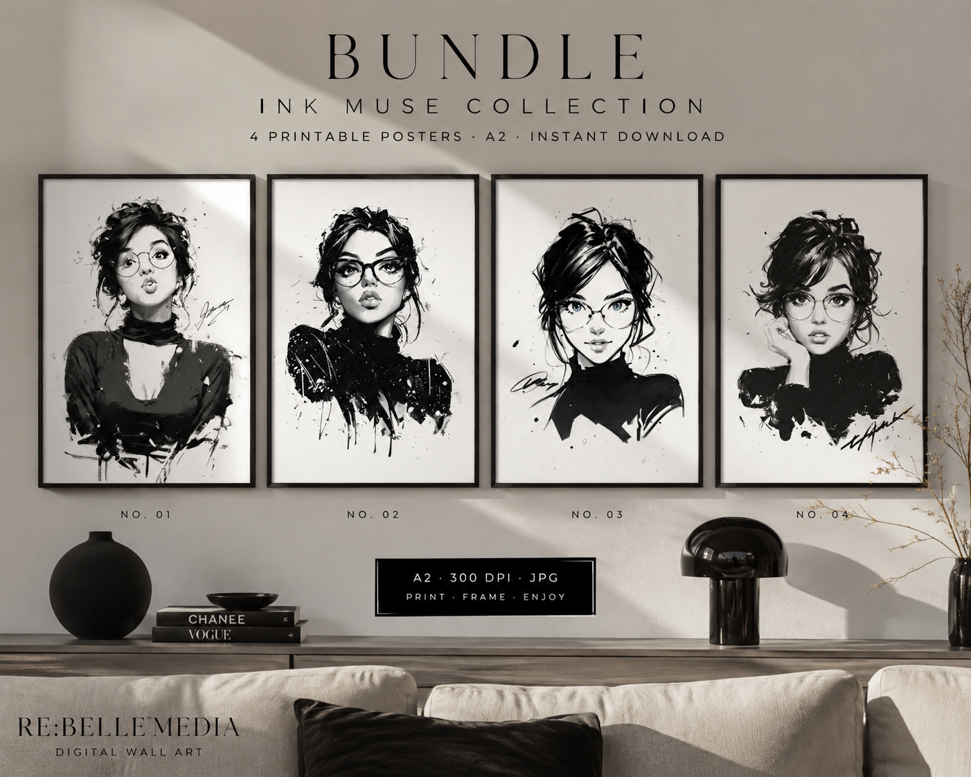 Ink Muse Collection – Printable Wall Art A2 Vier Gesichter. Vier Haltungen. Zwischen Tusche, Blicken und stiller Rebellion entsteht eine Serie, die weniger dekoriert als definiert.