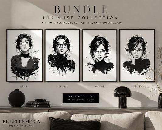 Ink Muse Collection – Printable Wall Art A2 Vier Gesichter. Vier Haltungen. Zwischen Tusche, Blicken und stiller Rebellion entsteht eine Serie, die weniger dekoriert als definiert.