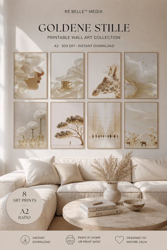 Goldene Stille – Minimalistische Ruhe als Printable Wall Art (A2 Download)   Nicht laut. Nicht viel. Nur genau das, was bleibt, wenn alles andere wegfällt.  Eine Serie aus Licht, Gold und Reduktion. Für Räume, die nicht erklären müssen.