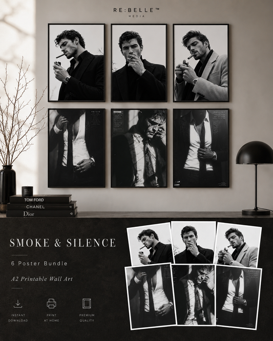 Ein Schwarzweiß-Poster-Set für Räume, die keine Dekoration brauchen, sondern Haltung. SMOKE & SILENCE wirkt kühl, maskulin, kontrolliert – wie ein Blick, der nicht bittet, sondern bleibt.