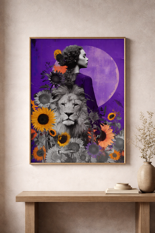 Löwinnenruhe – Frau & Löwe in Sonnenblumen | Lila Fine Art Poster A2 Download