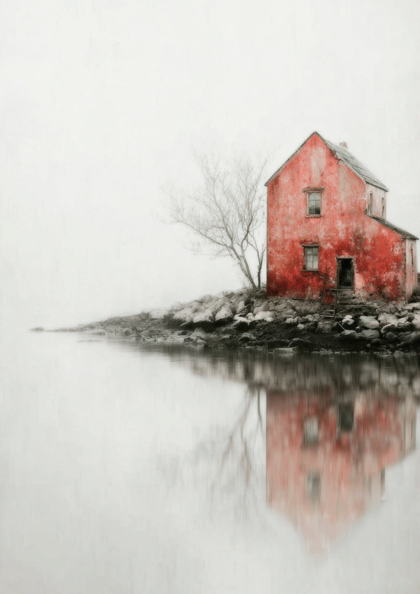 Ein einzelnes rotes Haus. Umgeben von Stille. Ein digital poster für Menschen, die in Reduktion mehr finden als in Überfluss.
