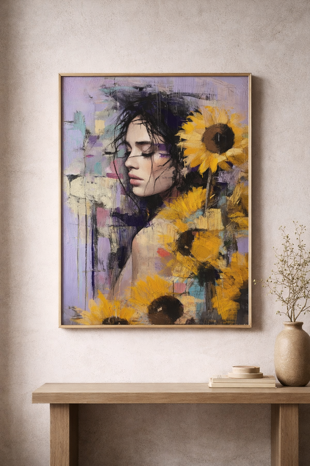 Soft Resistance – Frau & Sonnenblumen in abstrakter Malerei | Modernes Fine Art Poster A2 Download   Du gehst nicht gegen den Sturm. Du bleibst. Dieses Poster bringt genau diese leise Form von Stärke in deinen Raum – sanft, klar, unübersehbar.