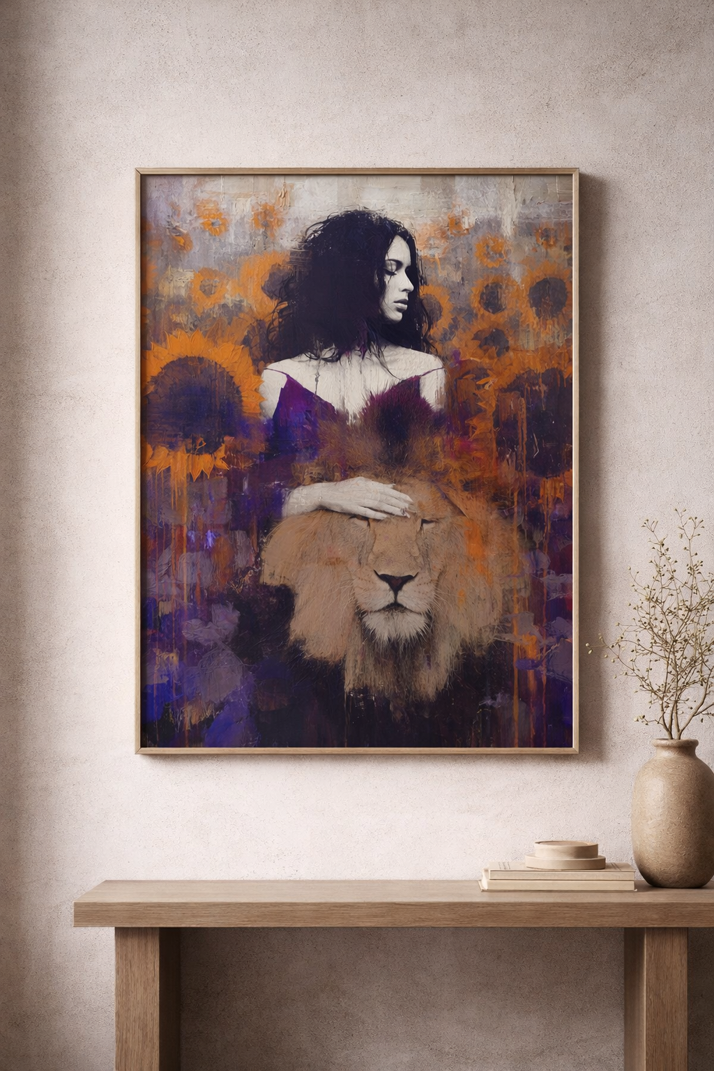 Silent Power – Frau mit Löwe in Sonnenblumenfeld | Ausdrucksstarkes Fine Art Poster A2 Download