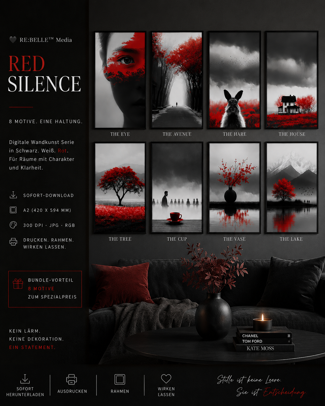 RED SILENCE – Printable Wall Art A2   RED SILENCE ist keine laute Wandkunst. Diese Serie arbeitet mit Stille, Nebel, Schwarz-Weiß-Kontrast und einem einzigen roten Impuls. Für Räume, die nicht dekoriert wirken sollen — sondern entschieden.