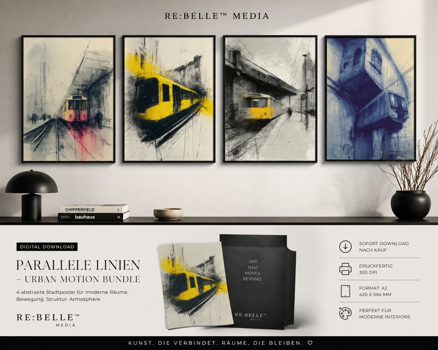 PARALLELE LINIEN – Urban Motion Kunst Bundle | 4 abstrakte Stadtposter A2 Download Stadt. Bewegung. Distanz. Vier Motive, die nicht laut sind – aber bleiben. Für Räume, die mehr fühlen sollen als zeigen.