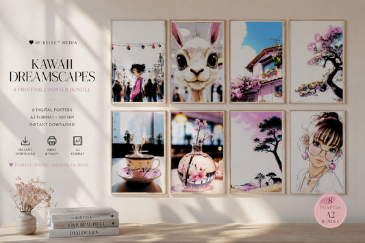 Kawaii Dreamscapes Poster Bundle Acht Motive wie kleine Tagträume. Zwischen Kirschblüten, Pastellhimmel und stillen Blicken entsteht ein Raum, der leichter atmet. Kein gewöhnliches Poster-Set. Eher eine sanfte Entscheidung für mehr Ruhe. 🖤