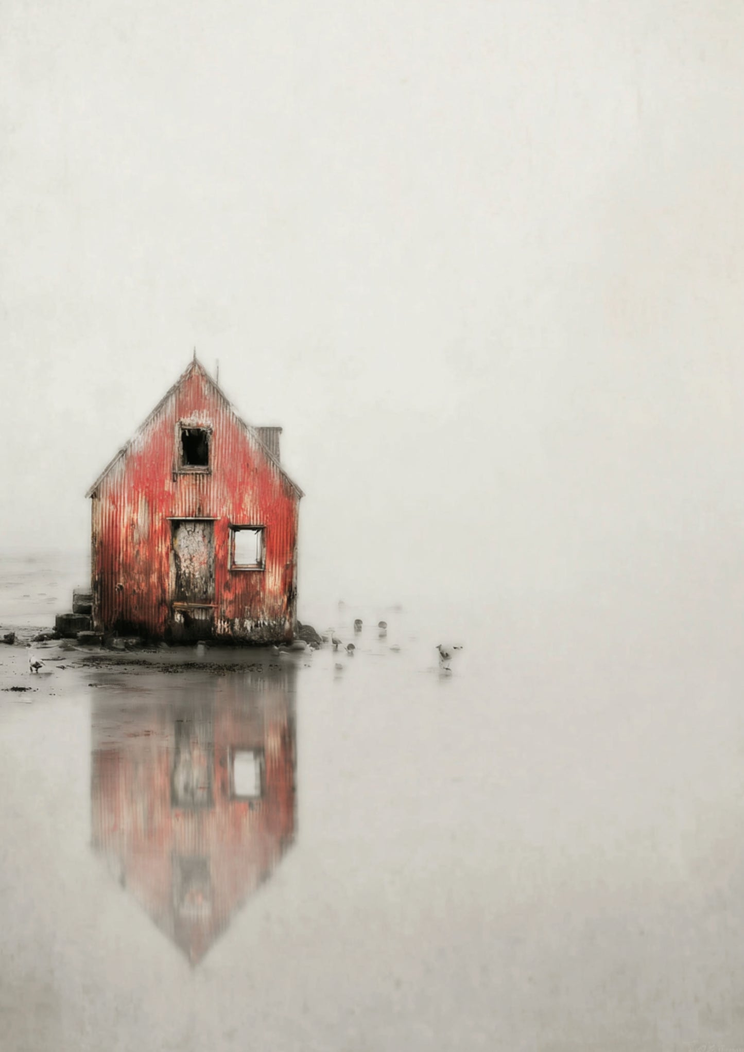 Ein einzelnes rotes Haus. Umgeben von Stille. Ein digital poster für Menschen, die in Reduktion mehr finden als in Überfluss.