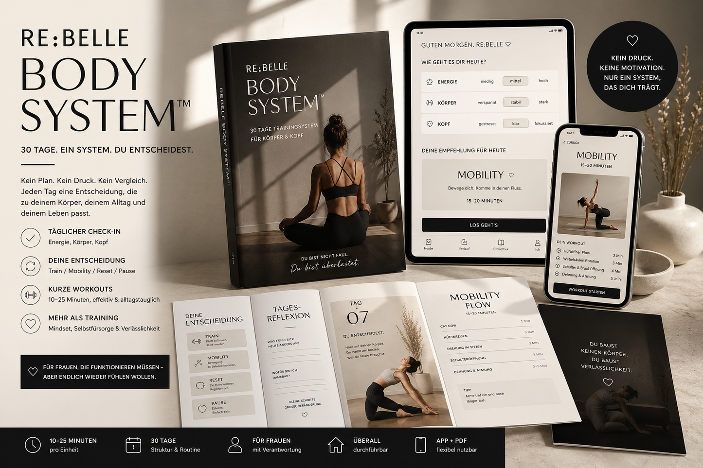 RE:BELLE BODY SYSTEM™ 30 Tage Trainingssystem ohne Druck & Motivation Du bist nicht faul. Du bist überlastet.