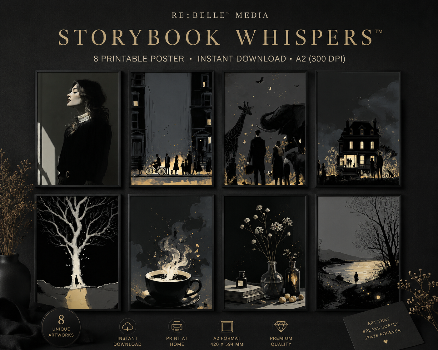 Storybook Whispers™ Printable Poster Bundle Acht Motive wie Seiten eines Buches, das nie ganz endet.