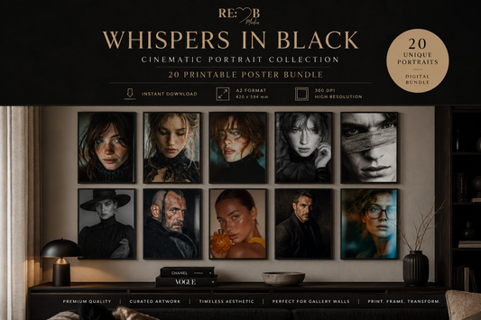 Whispers in Black – 20 Portrait Poster Bundle Zwanzig Portraits. Zwanzig stille Begegnungen. Eine Serie über Präsenz, Verletzlichkeit und die Kraft, gesehen zu werden. Printable Wall Art für Räume mit Tiefe und Haltung.
