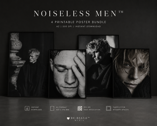 NOISELESS MEN™ Printable Poster Bundle A2 Nicht laut. Nicht weich. Diese Serie wirkt wie ein Gedanke, den man nachts nicht mehr loswird. Reduzierte printable wall art zwischen Kontrolle, Müdigkeit und stiller Präsenz.