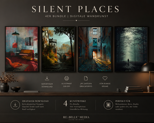 Silent Places – 4er Bundle | Atmosphärische Wandkunst zwischen Raum, Natur & Stille (A2 Download) Vier Räume. Vier Zustände. Ein Gefühl, das bleibt. Dieses Bundle bringt Stille an die Wand – spürbar, nicht laut.