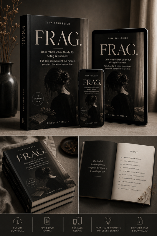 ChatGPT Guide: Frag schlau statt doof Frag nicht doof, frag schlau – das 1×1 mit ChatGPT. Dein rebellischer Guide für Alltag & Business. Klartext, System, sofort umsetzbar. 🖤 RE:BELLE Media.