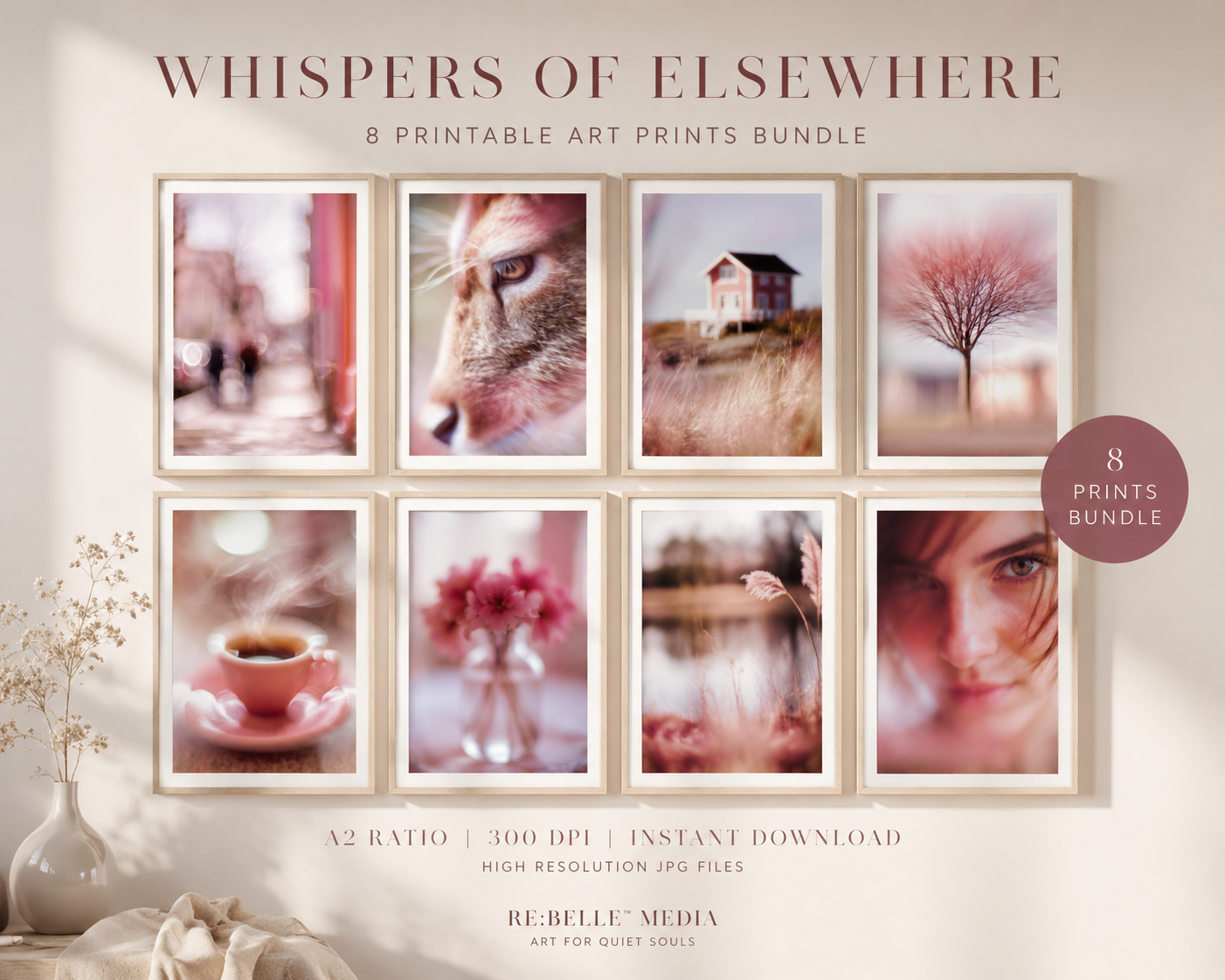Whispers of Elsewhere – 8 Dreamlike Printable Posters Manche Bilder erklären nichts. Und sagen trotzdem alles. „Whispers of Elsewhere“ ist eine Sammlung aus acht träumerischen Fine-Art-Motiven, die Räume weicher, stiller und persönlicher wirken lassen.