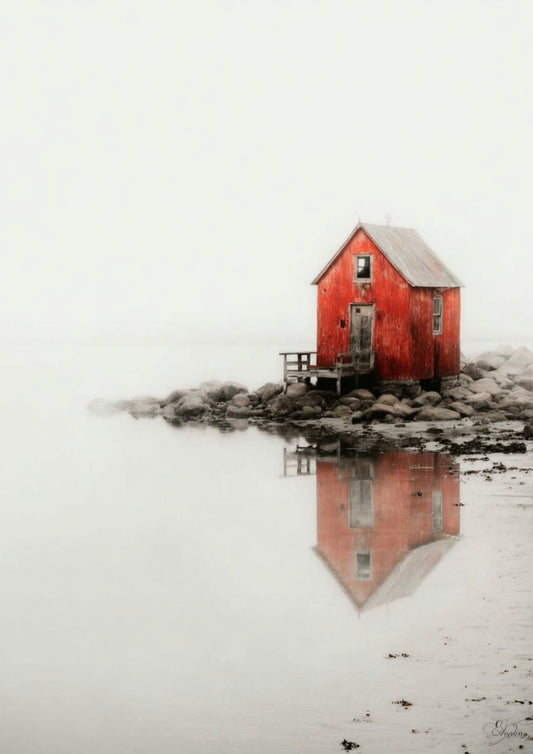 Ein einzelnes rotes Haus. Umgeben von Stille. Ein digital poster für Menschen, die in Reduktion mehr finden als in Überfluss.