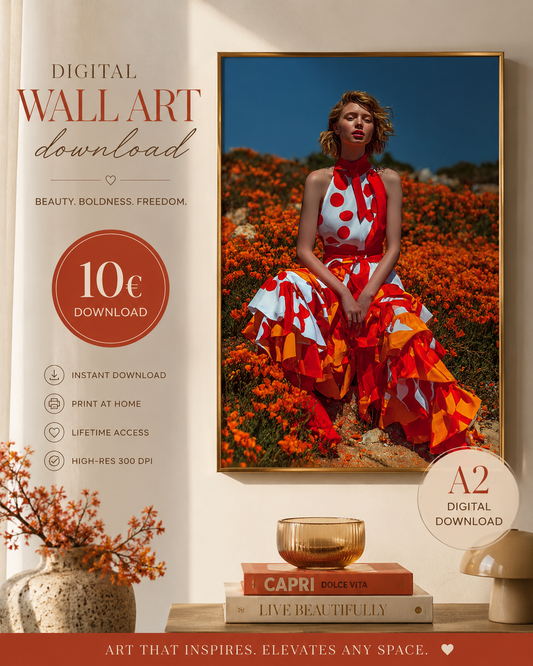 Field of Fire | A2 Printable Wall Art Rot, Orange, Himmel. Und eine Frau, die nicht posiert, sondern bleibt. Field of Fire ist digitale Wandkunst für Räume, die Farbe nicht als Dekoration nutzen, sondern als Statement.