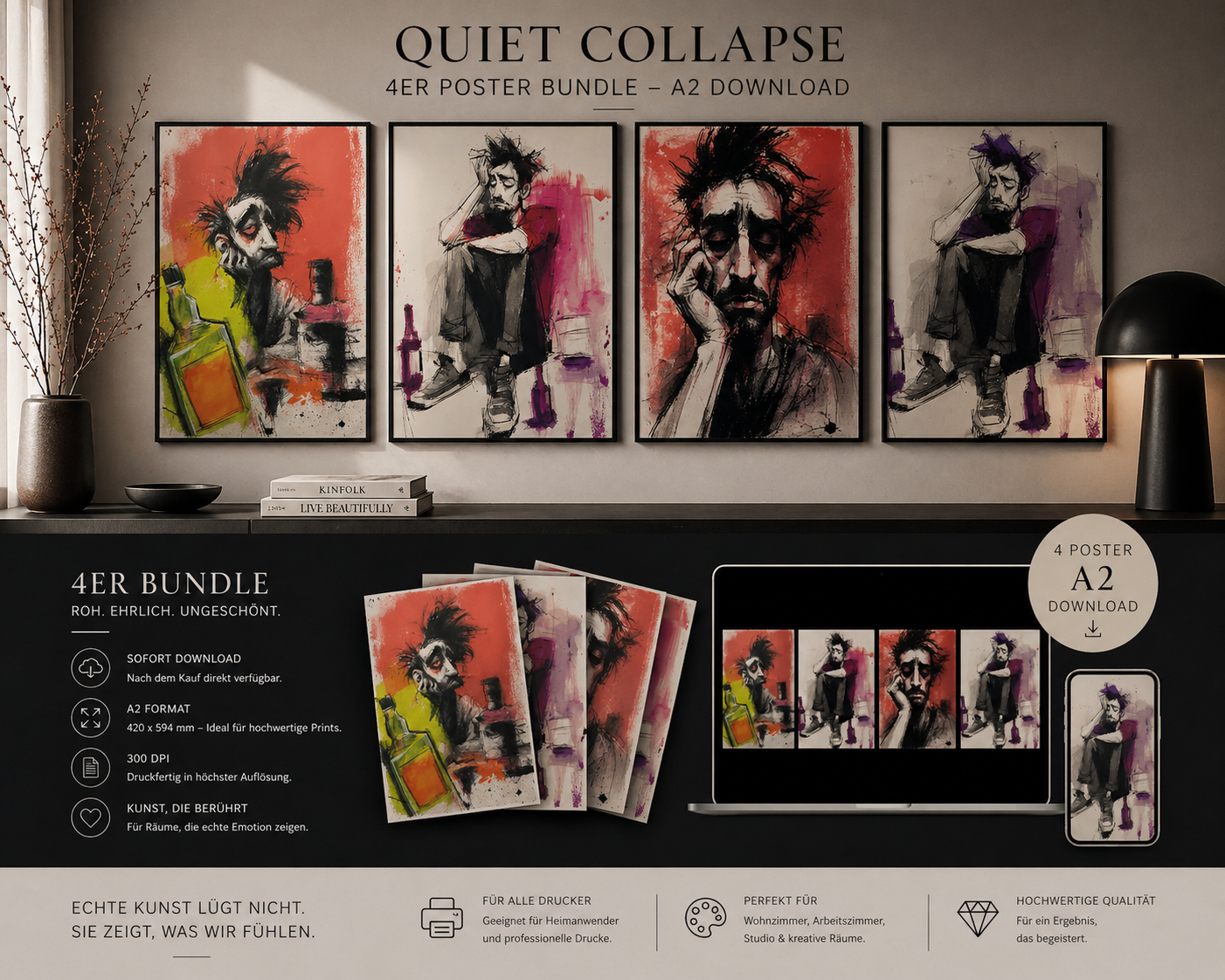 Quiet Collapse – A2 Poster Download | Zwischen Absturz, Stille und roher Ehrlichkeit Er sitzt da. Nicht dramatisch. Nur leer. Ein Bild über das, was bleibt, wenn niemand mehr zusieht.