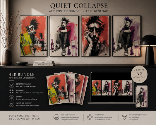 Quiet Collapse – A2 Poster Download | Zwischen Absturz, Stille und roher Ehrlichkeit Er sitzt da. Nicht dramatisch. Nur leer. Ein Bild über das, was bleibt, wenn niemand mehr zusieht.