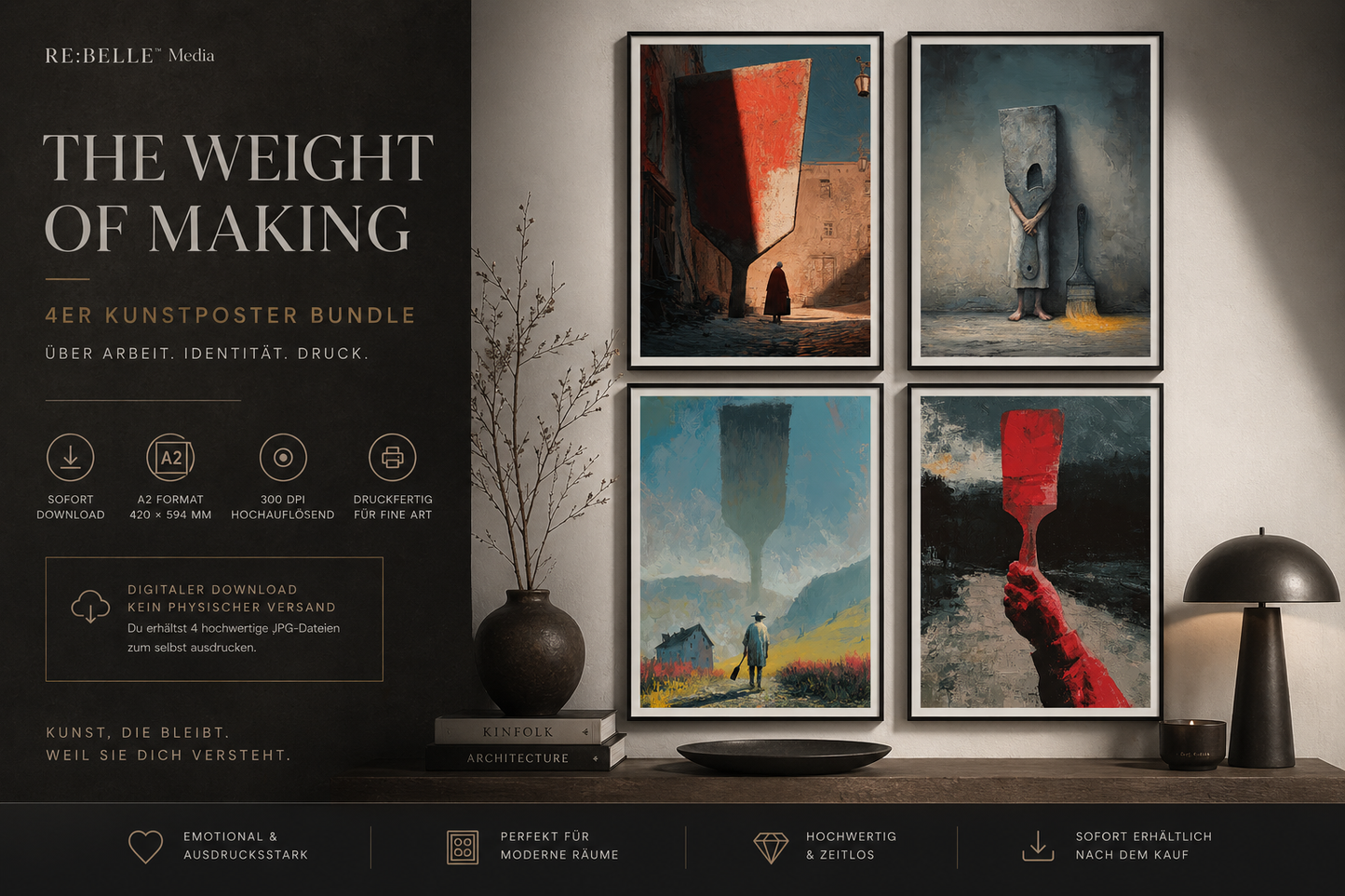 THE WEIGHT OF MAKING – Surreales Kunstposter Bundle (A2 Download) Vier Motive. Ein Gefühl: Du trägst mehr, als man sieht. Dieses Bundle zeigt Arbeit nicht als Tätigkeit – sondern als Zustand. Roh. Still. Und unangenehm ehrlich.
