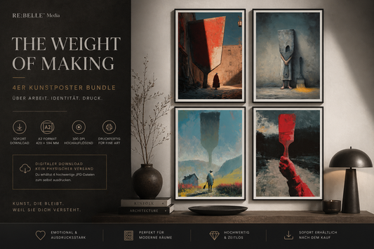 THE WEIGHT OF MAKING – Surreales Kunstposter Bundle (A2 Download) Vier Motive. Ein Gefühl: Du trägst mehr, als man sieht. Dieses Bundle zeigt Arbeit nicht als Tätigkeit – sondern als Zustand. Roh. Still. Und unangenehm ehrlich.