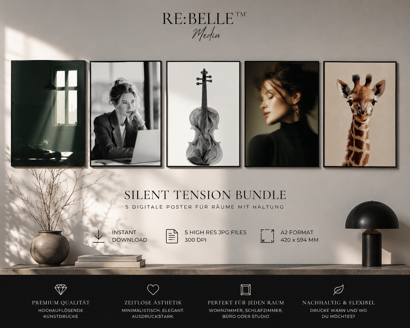 RE:BELLE™ Silent Tension Bundle – 5 digitale Poster zwischen Licht, Kontrolle & stiller Bewegung Manche Räume brauchen keine Farbe. Sie brauchen Haltung. 🖤