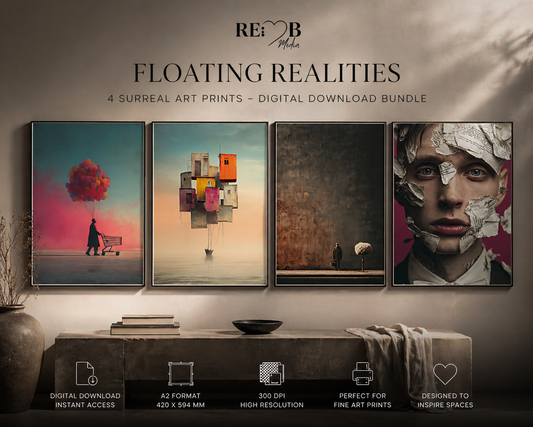 FLOATING REALITIES – Surreale Kunst Bundle A2 | Emotionale Wandbilder als Digital Download Vier Bilder. Vier Zustände zwischen Kontrolle und Loslassen. FLOATING REALITIES bringt stille Intensität in Räume, die mehr fühlen als zeigen.