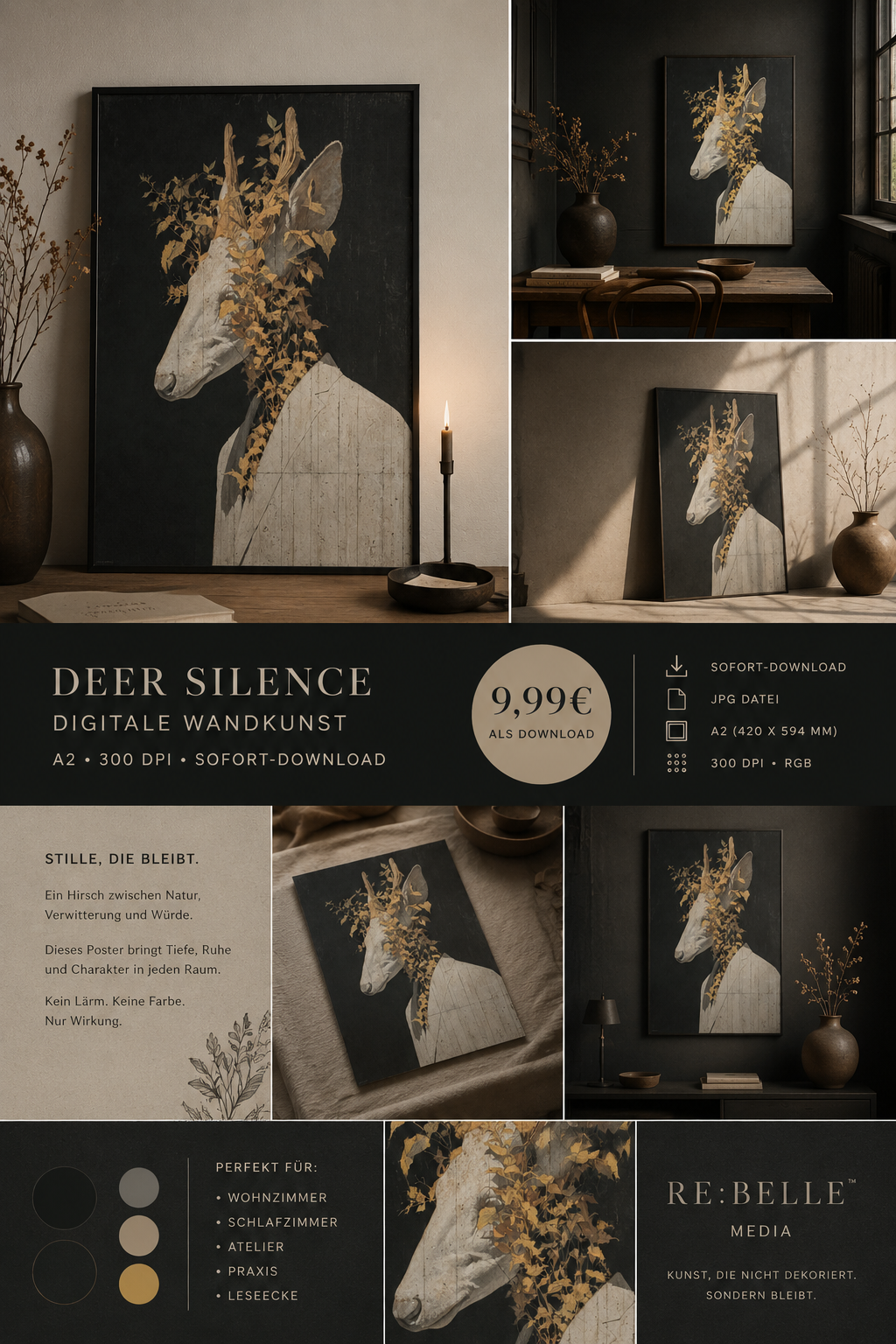 Deer Silence – Mystisches Hirsch-Porträt als digitale Wandkunst A2
