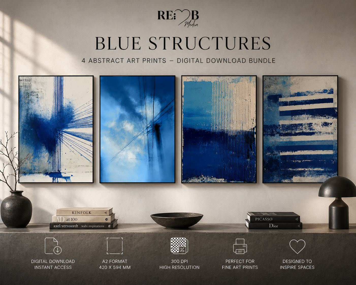 BLUE STRUCTURES – Minimalistische Wandkunst A2 Bundle | Abstrakte Linien & Ruhe als Premium Download Blau, reduziert auf das Wesentliche. BLUE STRUCTURES bringt Ruhe, Tiefe und Struktur in Räume, die Klarheit suchen.