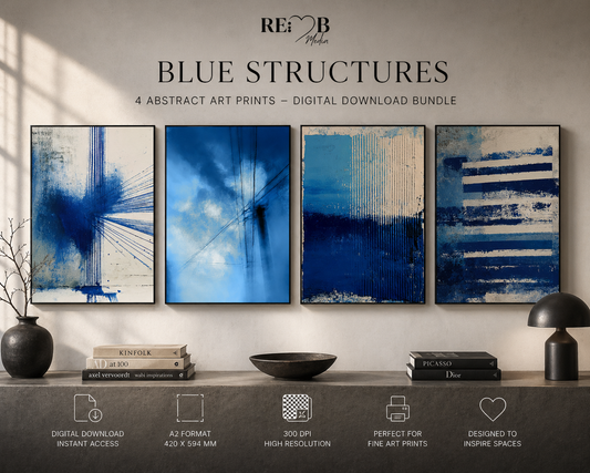 BLUE STRUCTURES – Minimalistische Wandkunst A2 Bundle | Abstrakte Linien & Ruhe als Premium Download Blau, reduziert auf das Wesentliche. BLUE STRUCTURES bringt Ruhe, Tiefe und Struktur in Räume, die Klarheit suchen.
