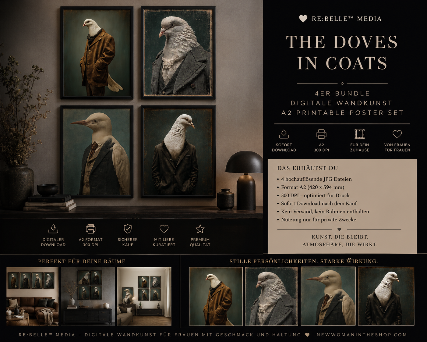 The Doves in Coats – 4er Bundle Digitale Wandkunst