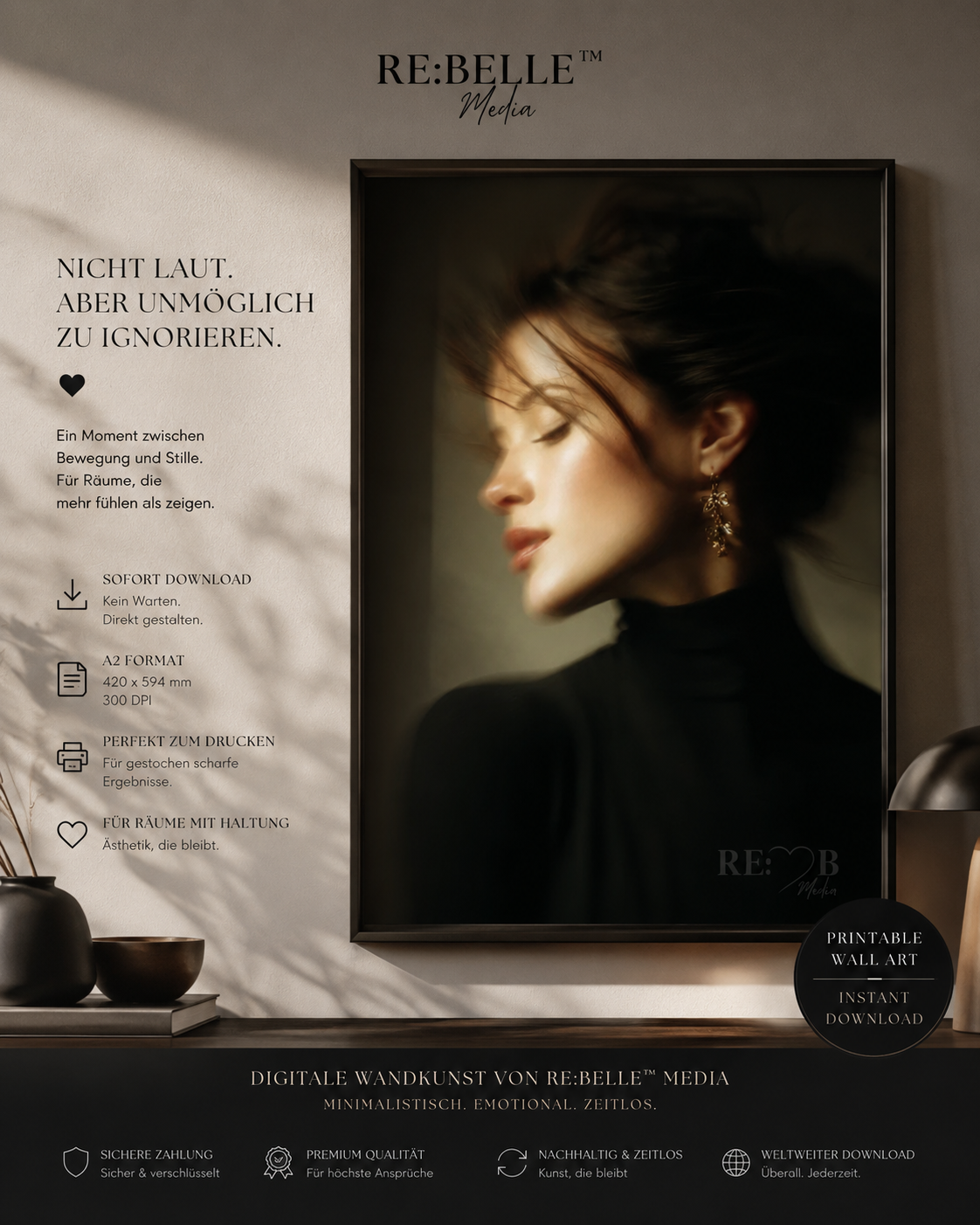 RE:BELLE™ Velvet Blur – Cinematic Portrait Printable Wall Art in warmer Schattenästhetik Nicht jede Präsenz ist laut. Manche zieht den Raum leise an sich. 🖤 Wie ein Gedanke, der kurz bleibt — und trotzdem nicht verschwindet.