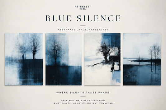 Blue Silence – Abstrakte Landschaft als Download Bundle Manche Bilder dekorieren. Diese halten den Raum an. 🖤  Blue Silence ist ein vierteiliges Printable Wall Art Bundle in tiefem Blau und kühlem Weiß