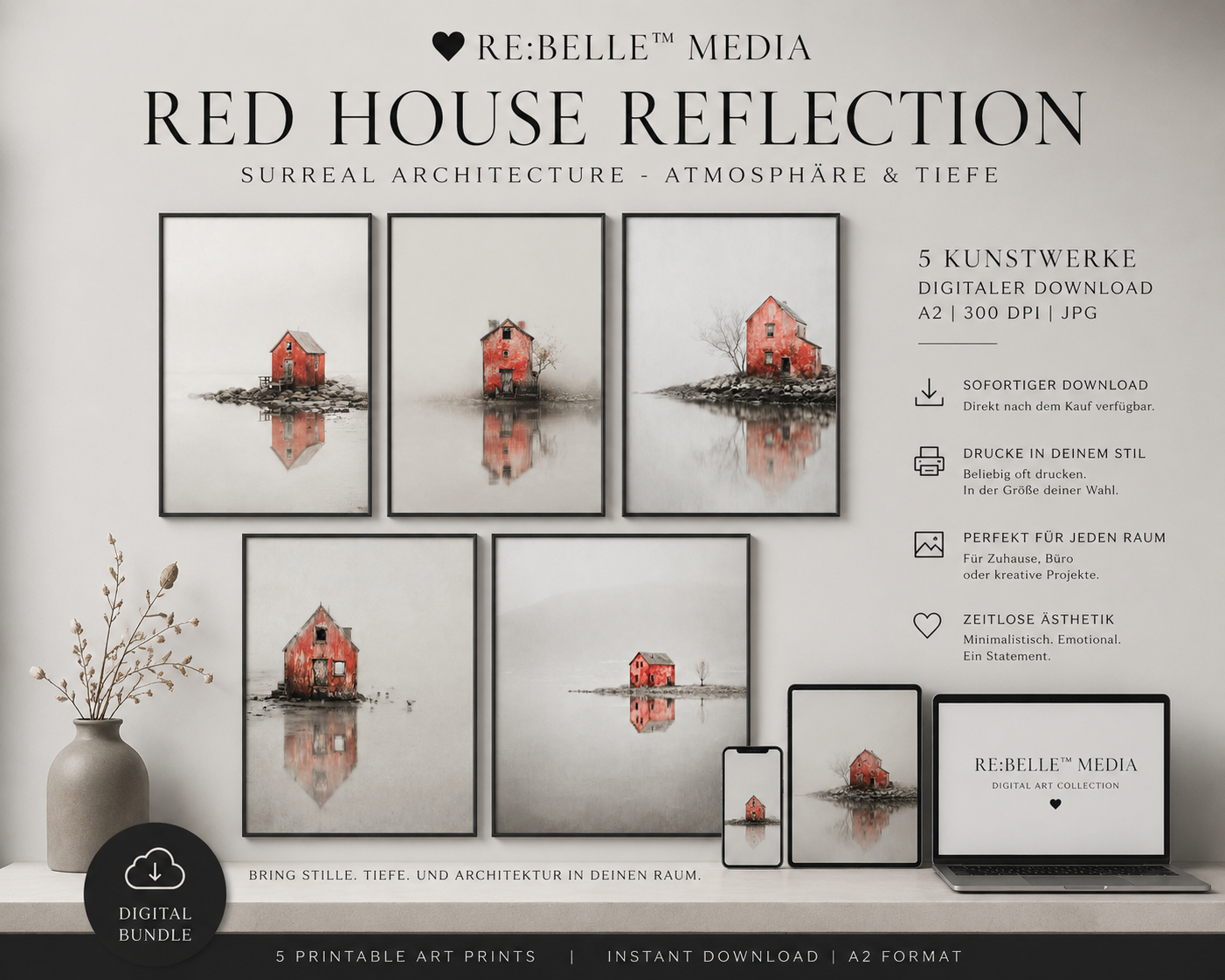 Ein einzelnes rotes Haus. Umgeben von Stille. Ein digital poster für Menschen, die in Reduktion mehr finden als in Überfluss.