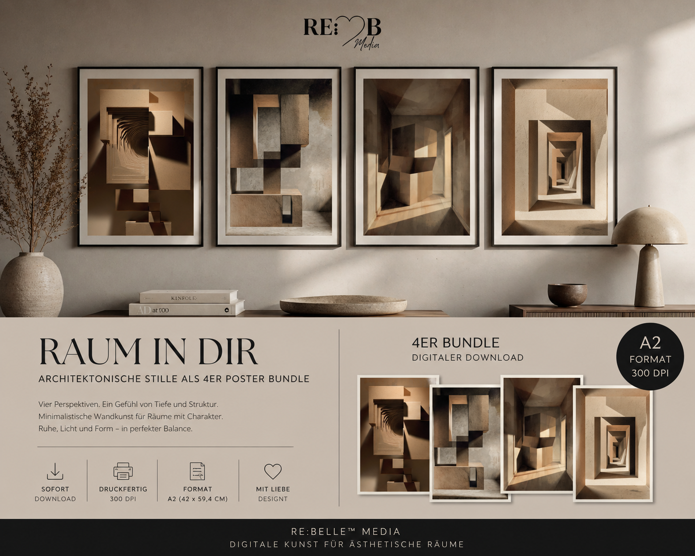 RAUM IN DIR – Architektonische Stille als 4er Poster Bundle | A2 Download Vier Bilder, die nicht schreien. Sie ziehen dich rein. Schicht für Schicht. Minimalismus, der nicht leer ist – sondern bewusst.