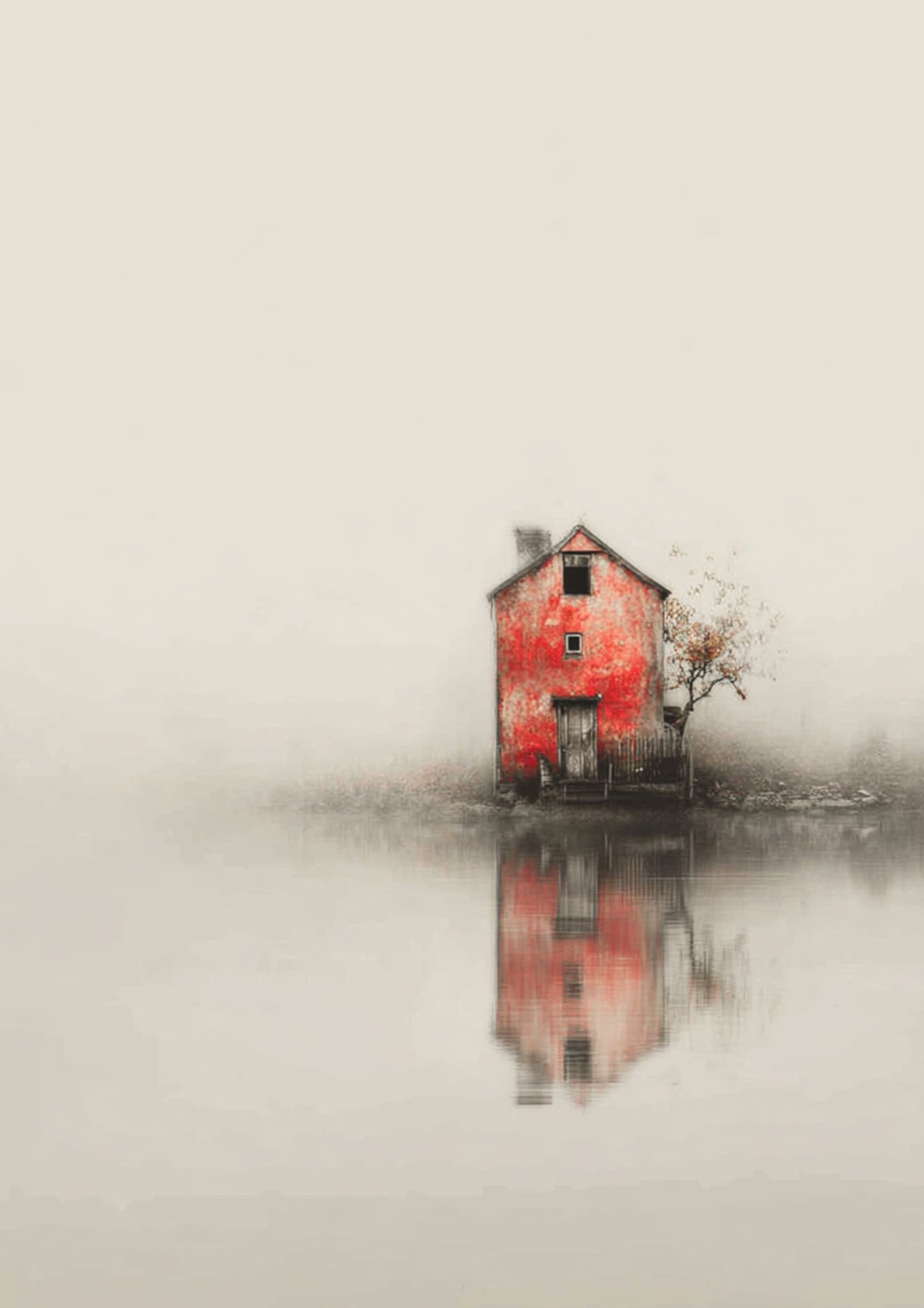 Ein einzelnes rotes Haus. Umgeben von Stille. Ein digital poster für Menschen, die in Reduktion mehr finden als in Überfluss.