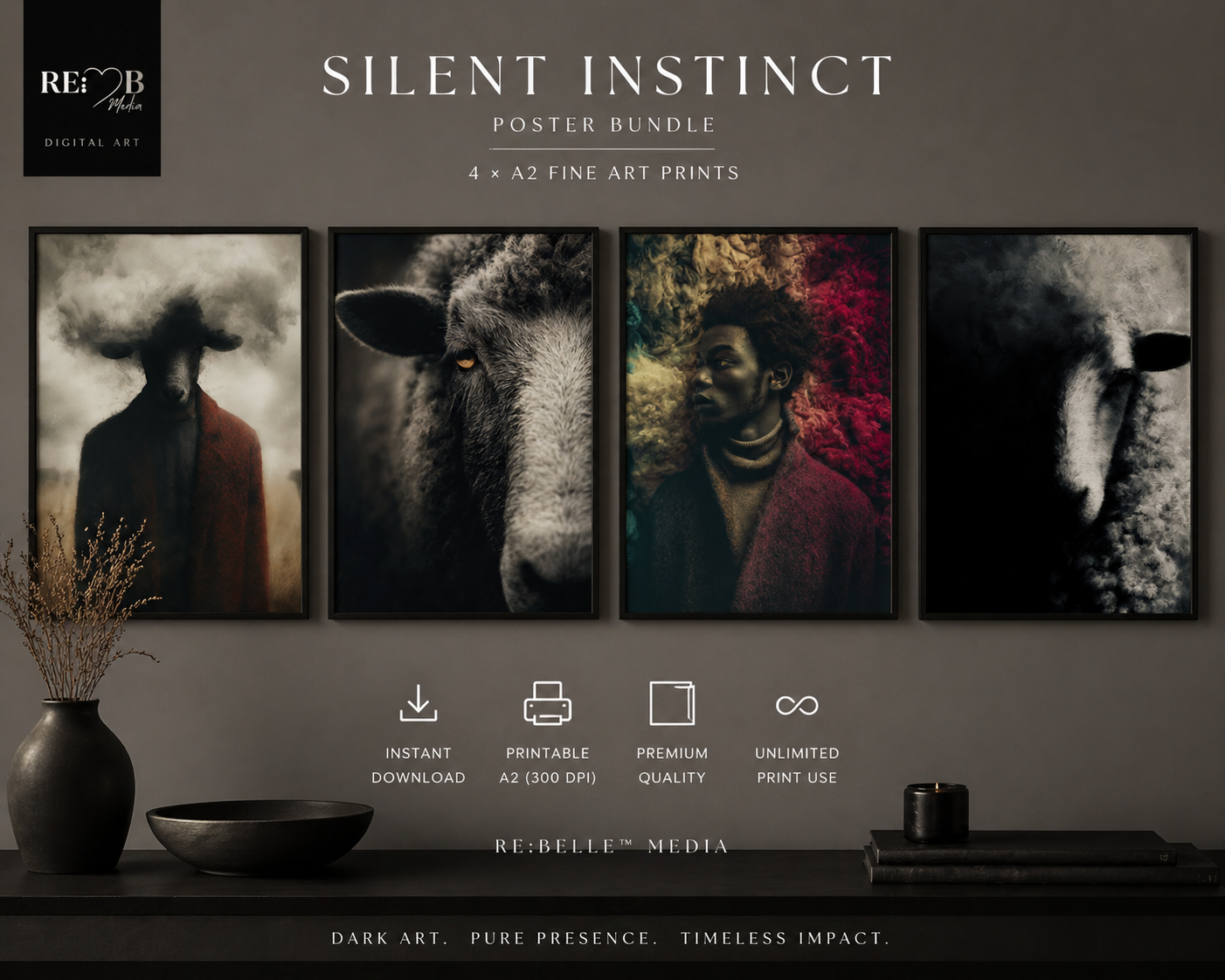Silent Instinct – Dunkle Tierporträts als A2 Fine Art Poster Bundle Still. Wach. Unverhandelbar. Dieses Bundle zeigt Präsenz ohne Worte – Kunst, die Räume nicht füllt, sondern verändert.