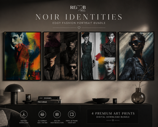RE:BELLE™ Noir Identities – Edgy Fashion Portrait Bundle (A2 Printable, High-End Art Download) Nicht laut. Aber unübersehbar. Vier Charaktere. Vier Haltungen. Ein Raum, der plötzlich Haltung bekommt.