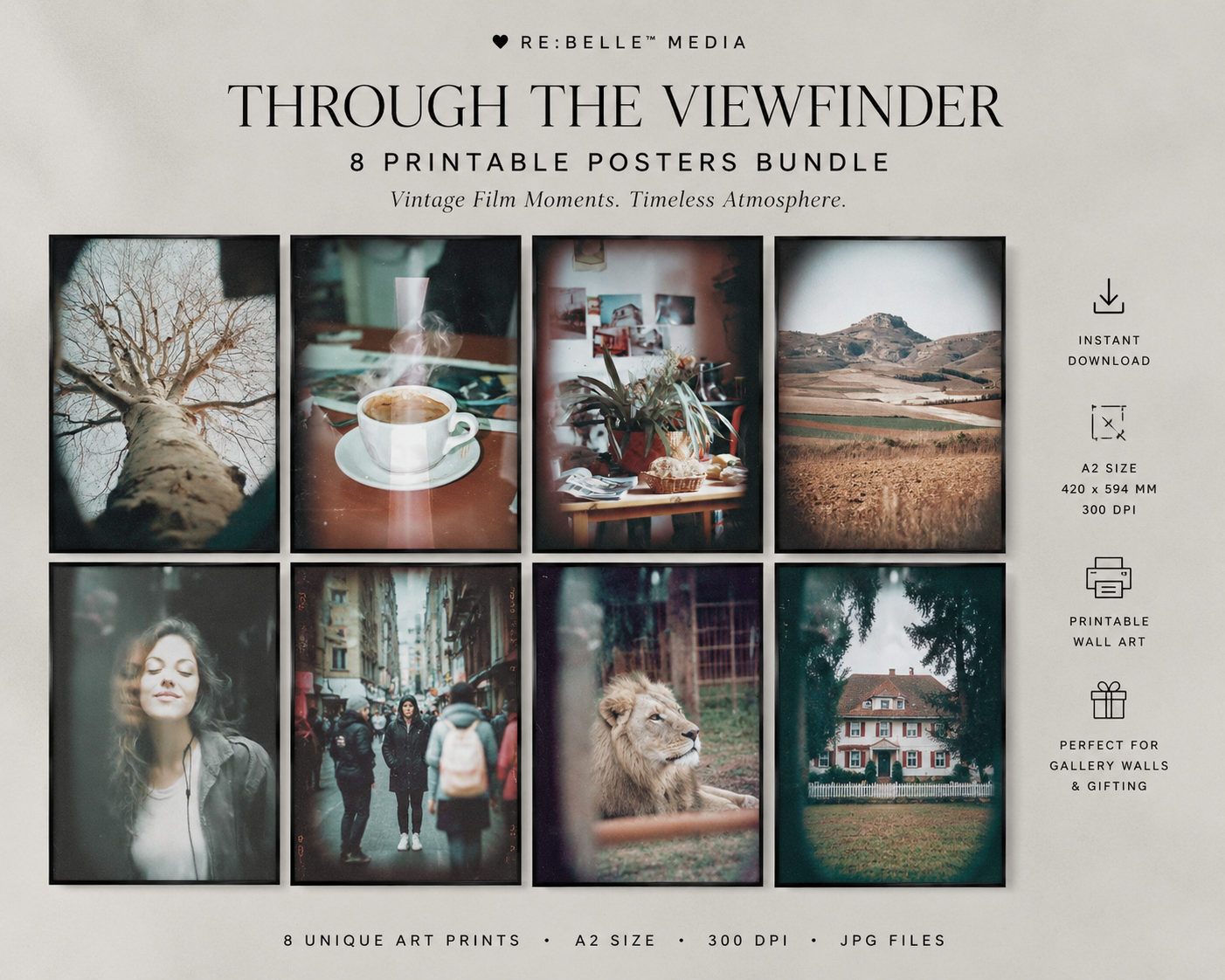 Through the Viewfinder – Vintage Film Moments Bundle | Acht Bilder wie Erinnerungen, die nie laut geworden sind. Ein digital poster bundle für Menschen, die Atmosphäre nicht dekorieren Körnung, Stille und ein Blick durch den Sucher. 🖤