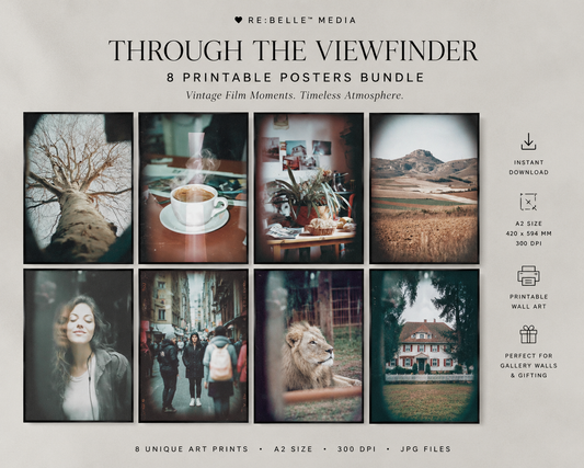 Through the Viewfinder – Vintage Film Moments Bundle | Acht Bilder wie Erinnerungen, die nie laut geworden sind. Ein digital poster bundle für Menschen, die Atmosphäre nicht dekorieren Körnung, Stille und ein Blick durch den Sucher. 🖤